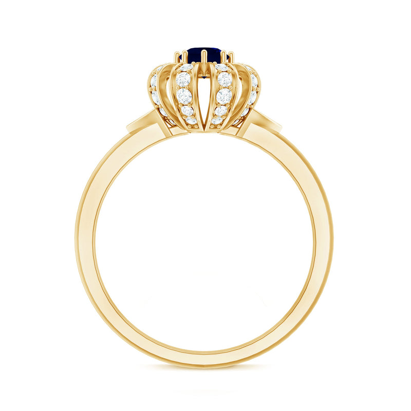 Blue sapphire flower engagement ring with diamonds by Rosec Jewels, featuring a vibrant blue sapphire centerpiece and sparkling diamond accents.