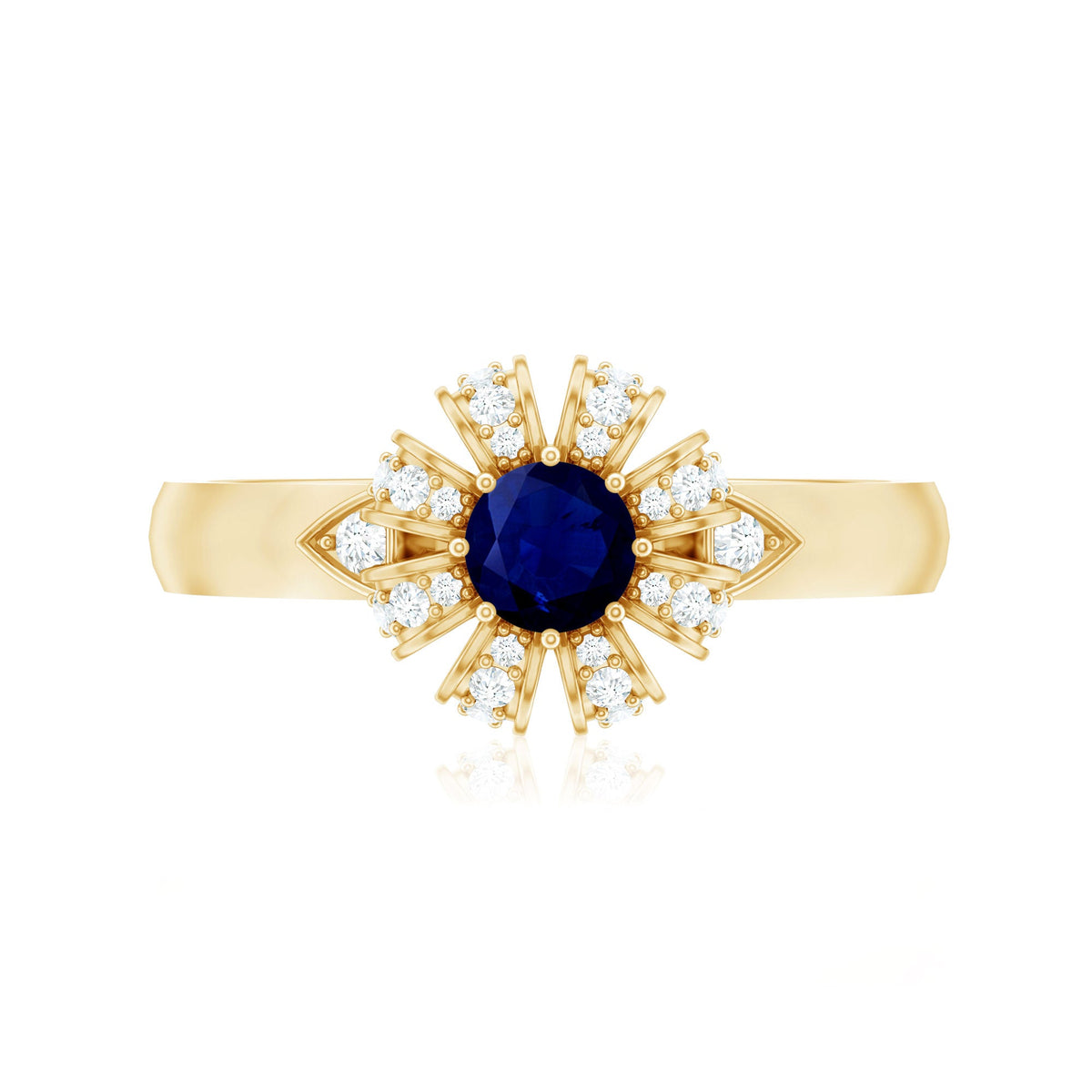 Real blue sapphire flower engagement ring with diamond accents from Rosec Jewels, featuring a detailed floral design and sparkling gemstones.