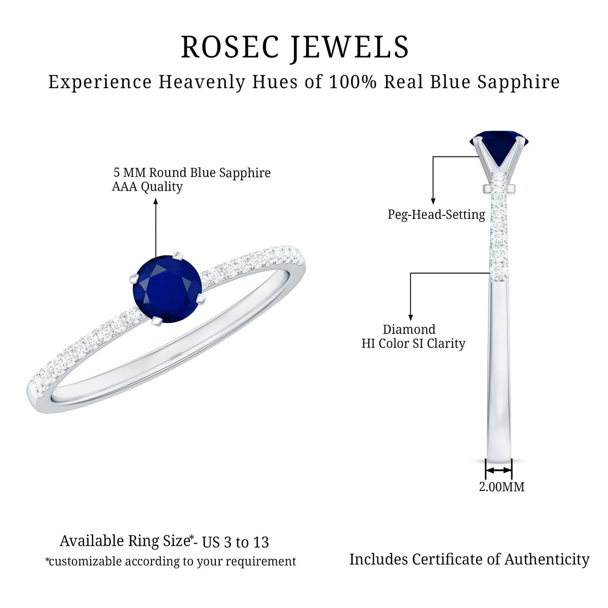Real 0.9 Carat blue sapphire promise ring with diamonds from Rosec Jewels, showcasing a silver band and sparkling gemstone accents.