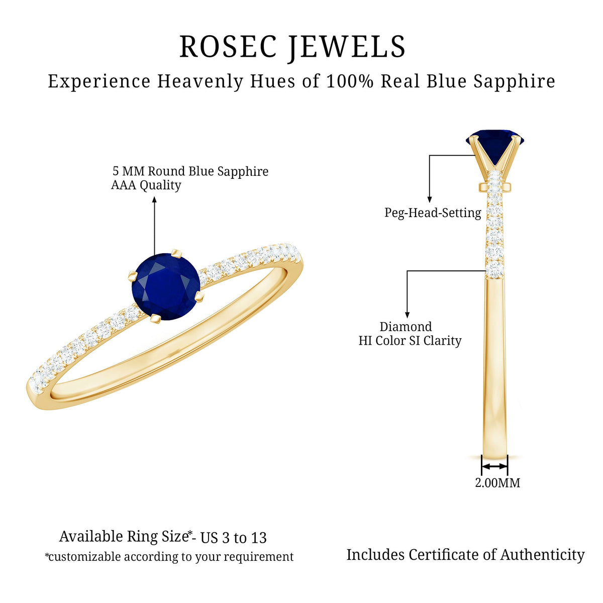 Real 0.9 carat blue sapphire promise ring with diamond accents by Rosec Jewels, featuring a silver band and elegant design.