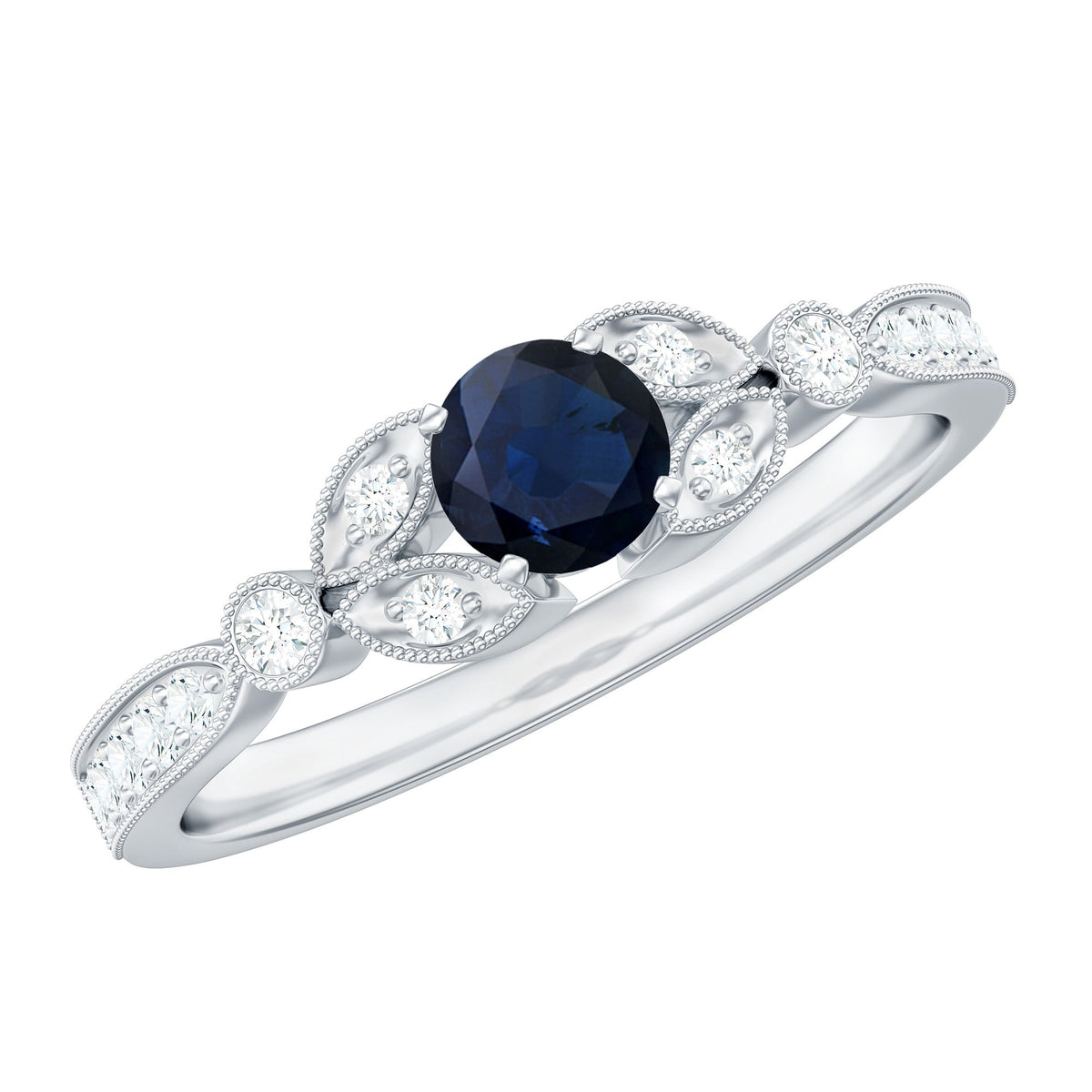 Vintage Inspired Blue Sapphire and Diamond Engagement Ring with Milgrain Details