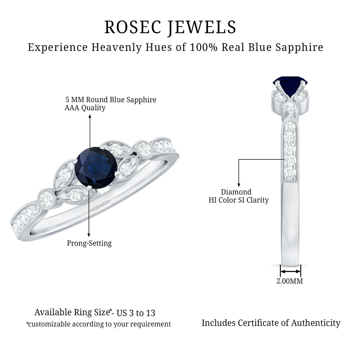 Vintage-inspired blue sapphire and diamond engagement ring with milgrain details from Rosec Jewels, showcasing intricate design and gemstone settings.