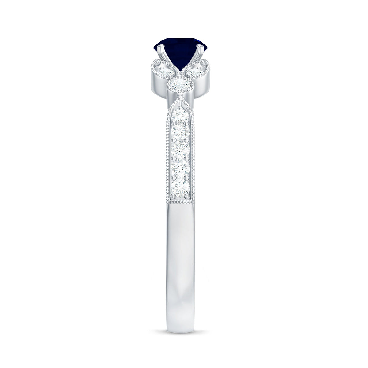 Vintage inspired blue sapphire and diamond engagement ring with milgrain details, featuring a rose gold band from Rosec Jewels.