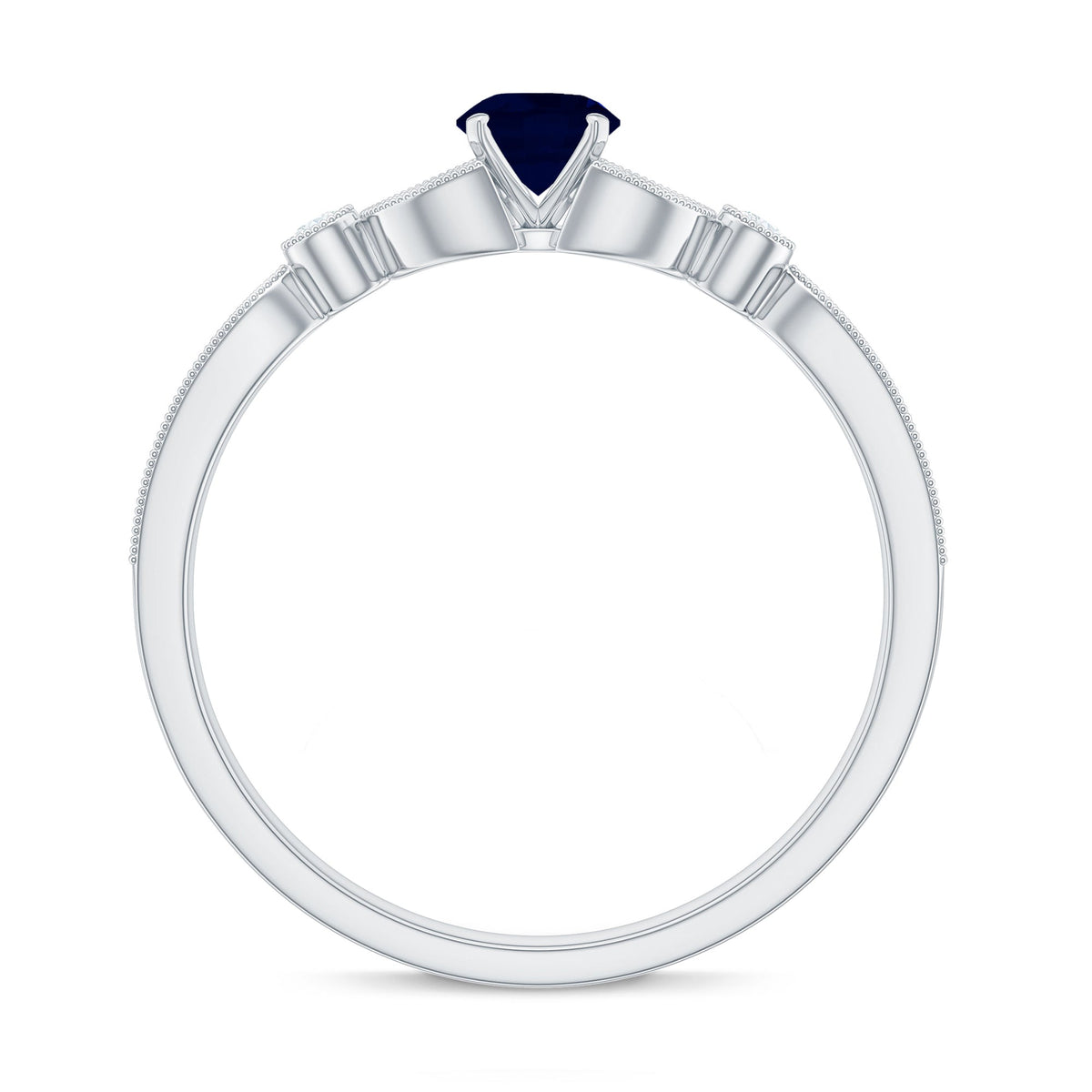Vintage-inspired blue sapphire and diamond engagement ring with milgrain details by Rosec Jewels, showcasing intricate craftsmanship.