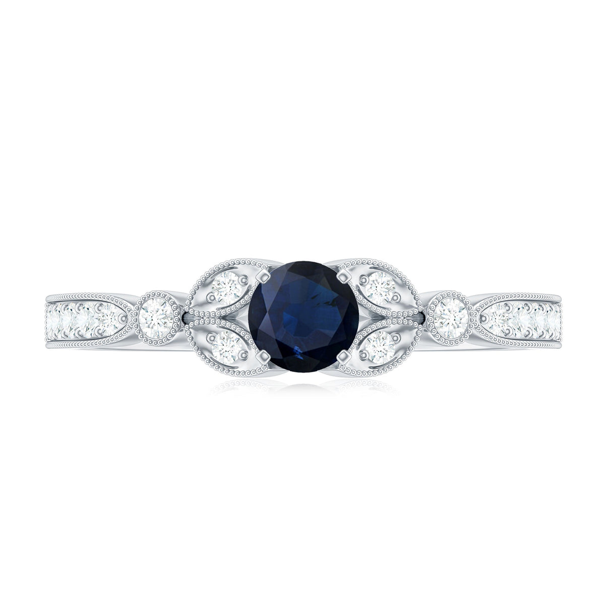 Vintage-inspired blue sapphire and diamond engagement ring with milgrain details from Rosec Jewels, showcasing intricate design and sparkling stones.