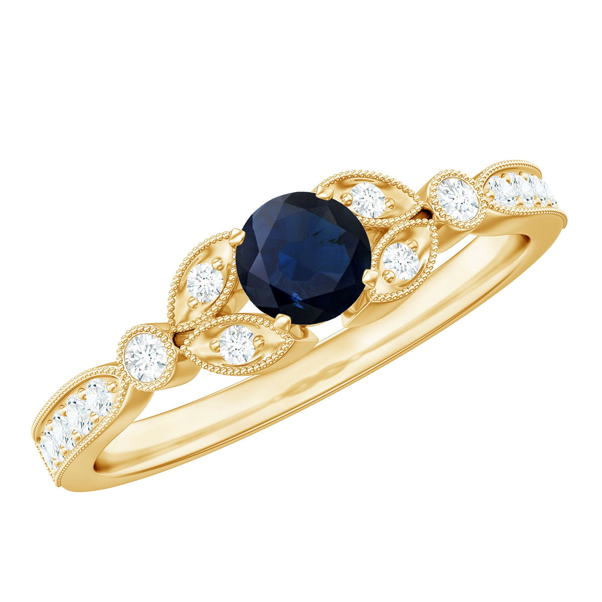 Vintage-inspired blue sapphire and diamond engagement ring with milgrain details, crafted by Rosec Jewels.
