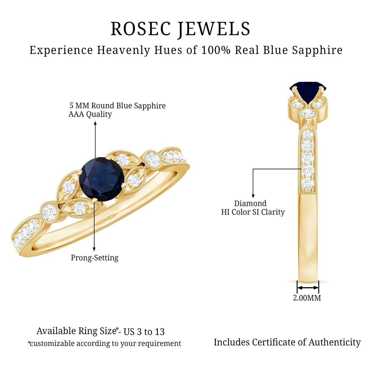 Vintage-inspired blue sapphire and diamond engagement ring with milgrain details from Rosec Jewels, showcasing intricate craftsmanship.