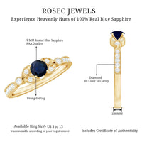 Vintage-inspired blue sapphire and diamond engagement ring with milgrain details from Rosec Jewels, showcasing intricate craftsmanship.