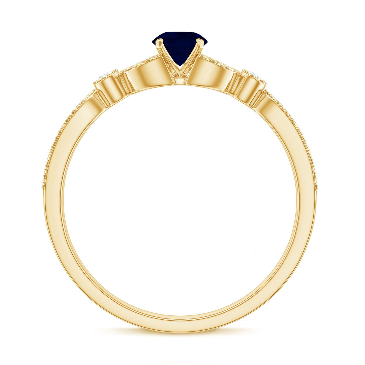 Vintage inspired blue sapphire and diamond engagement ring with milgrain details from Rosec Jewels, showcasing intricate design and sparkling gems.