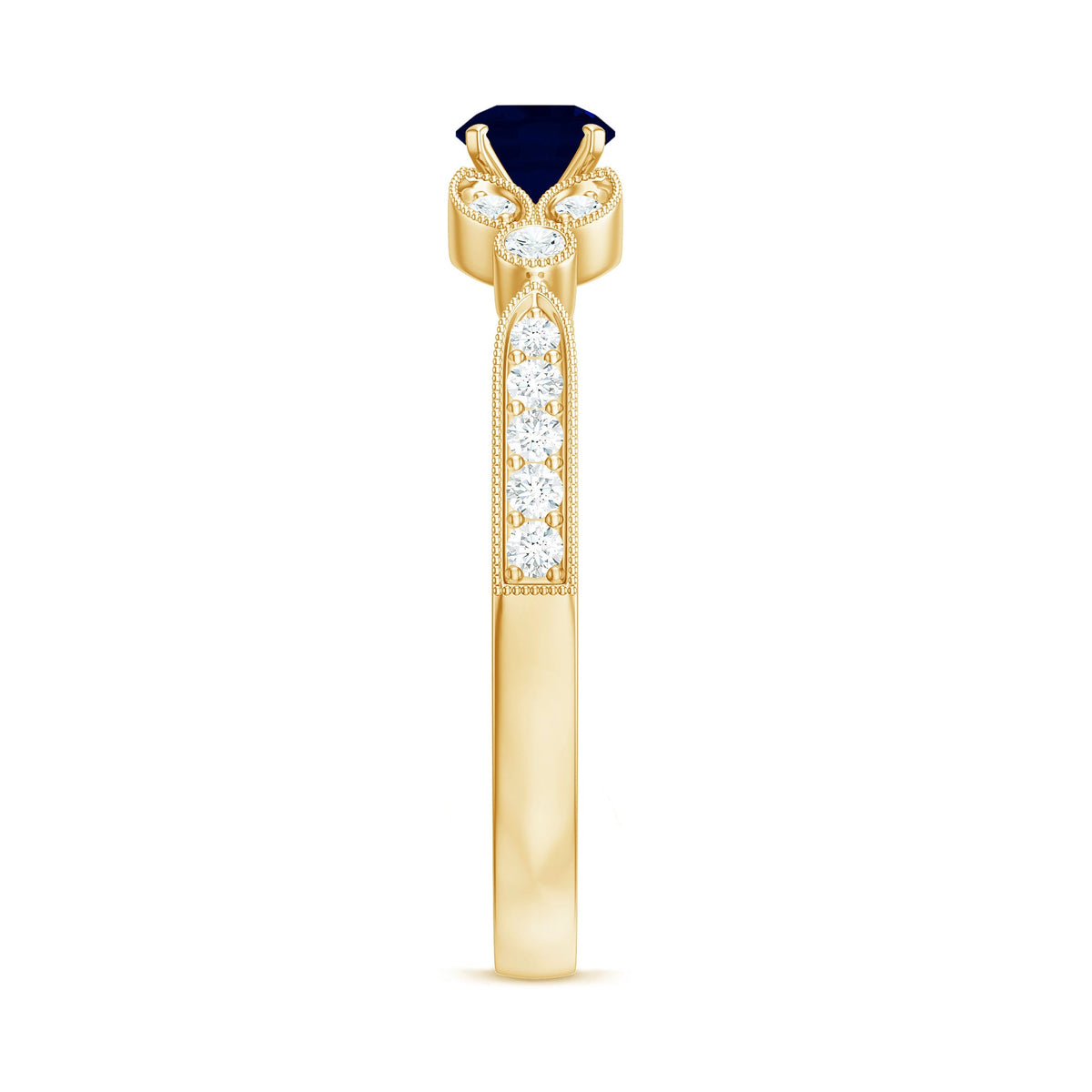 Vintage inspired blue sapphire and diamond engagement ring with milgrain details, showcasing intricate craftsmanship and elegant design.
