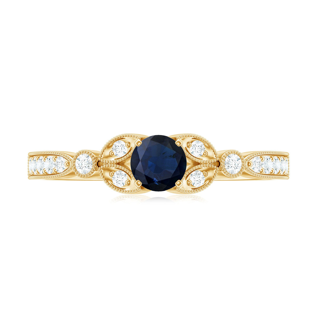Vintage inspired blue sapphire and diamond engagement ring with milgrain details, featuring Rosec Jewels' elegant design.