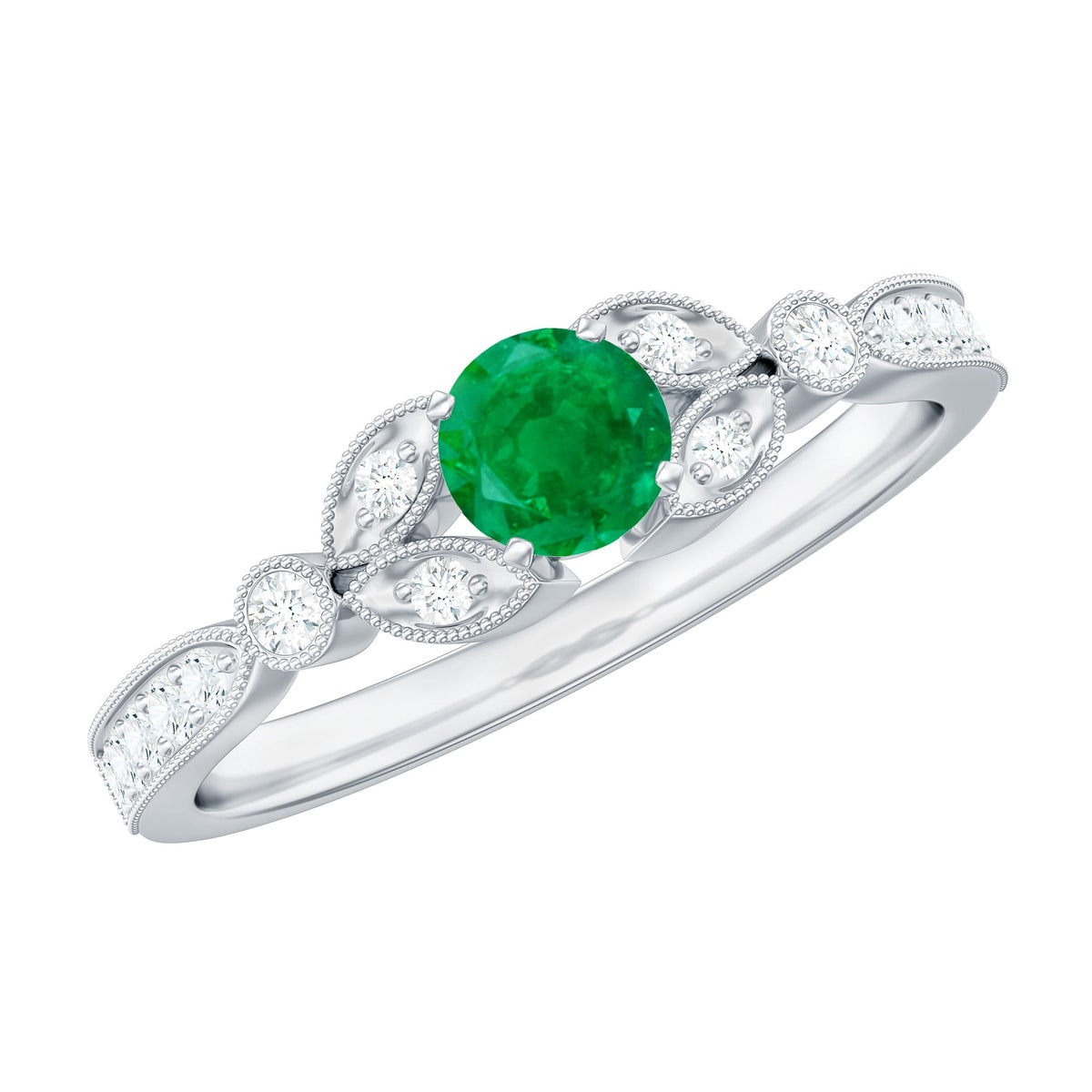 Natural emerald vintage-inspired engagement ring with diamond accents, featuring intricate metalwork and classic design by Rosec Jewels.