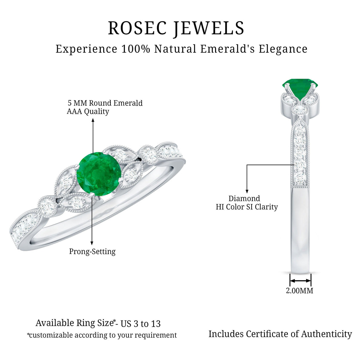 Vintage-inspired natural emerald engagement ring with diamond accents from Rosec Jewels, showcasing detailed craftsmanship and elegant design.