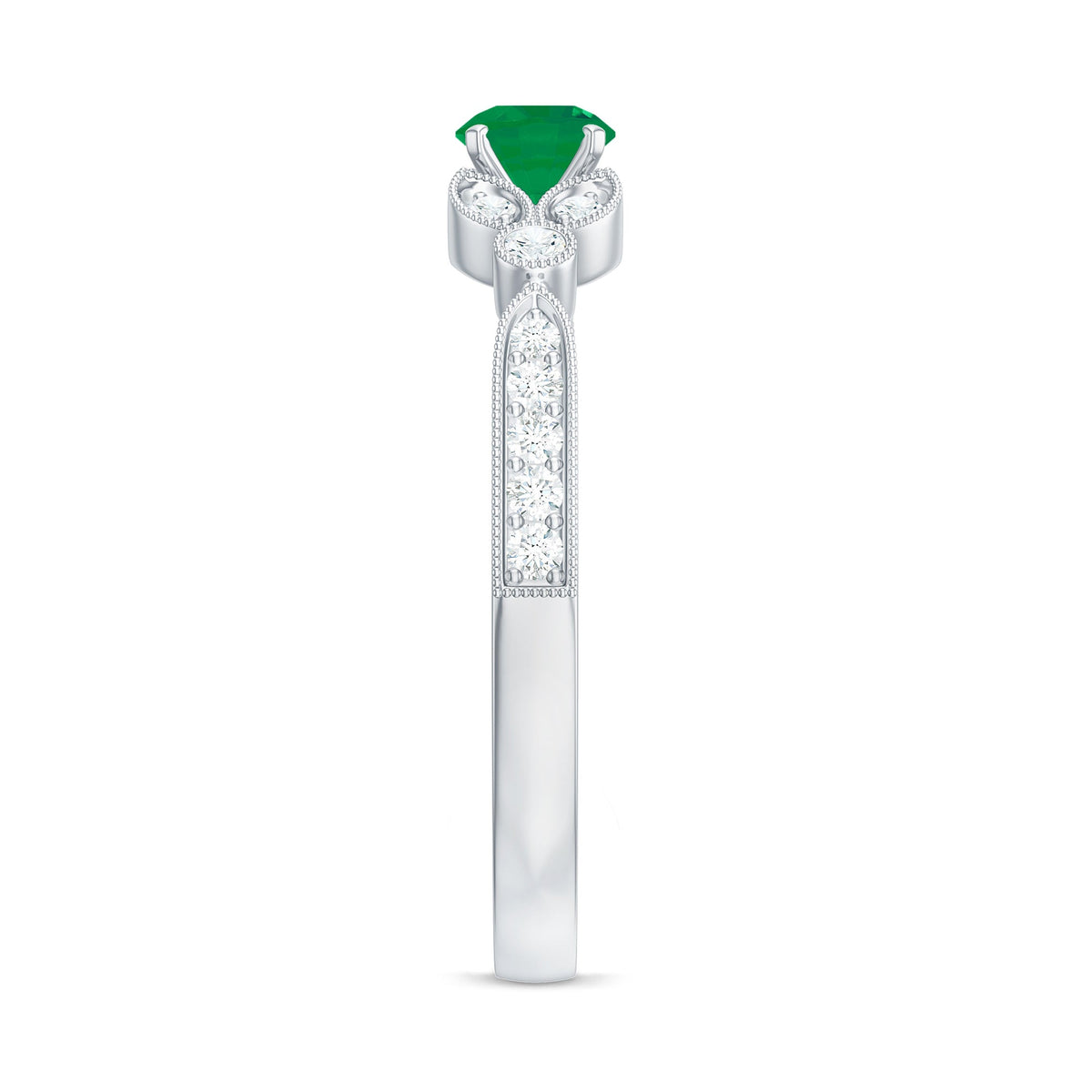 Natural emerald vintage-inspired engagement ring with diamond accents from Rosec Jewels, showcasing intricate design and sparkling gemstones.