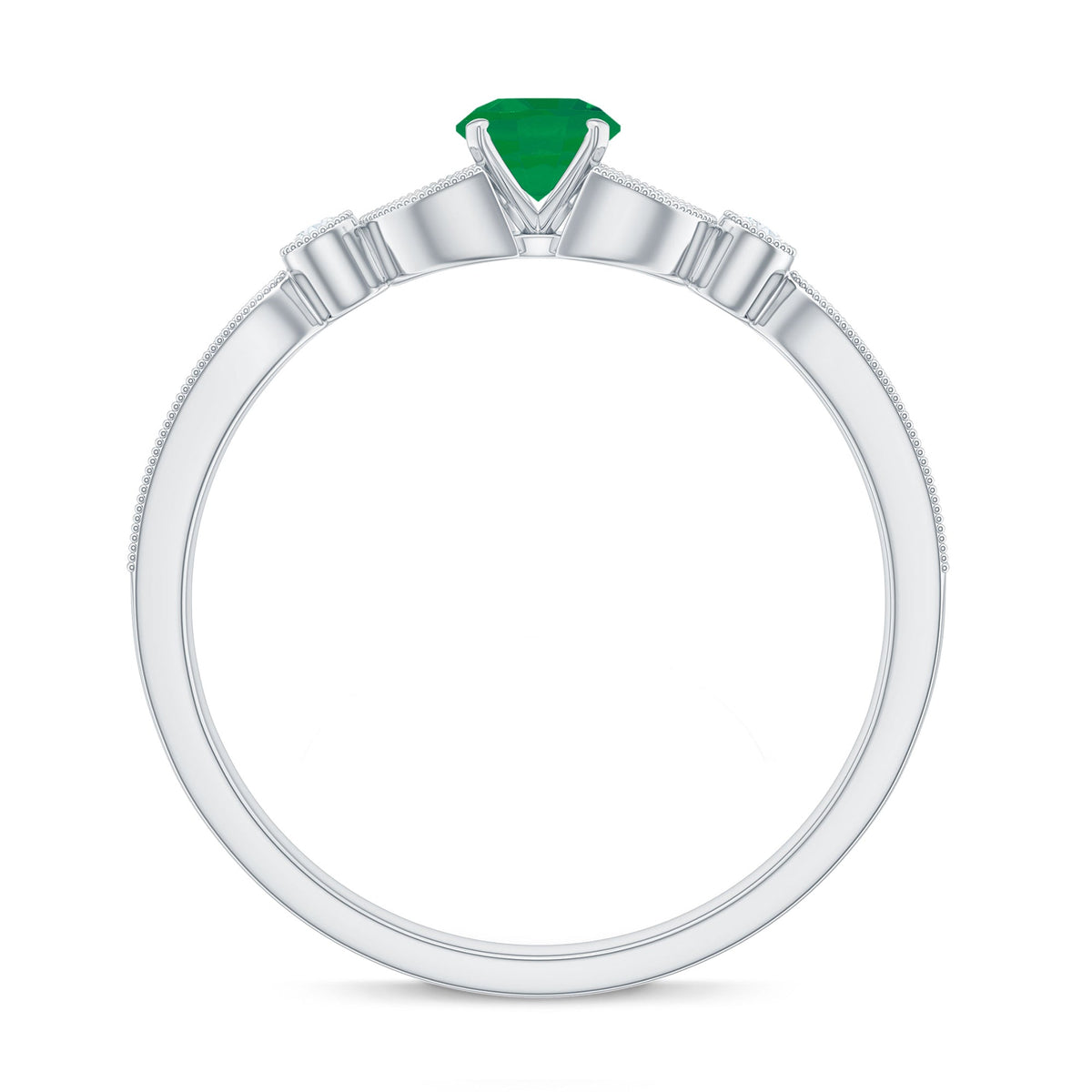 Vintage-inspired engagement ring featuring a natural emerald and diamond accents, crafted by Rosec Jewels.