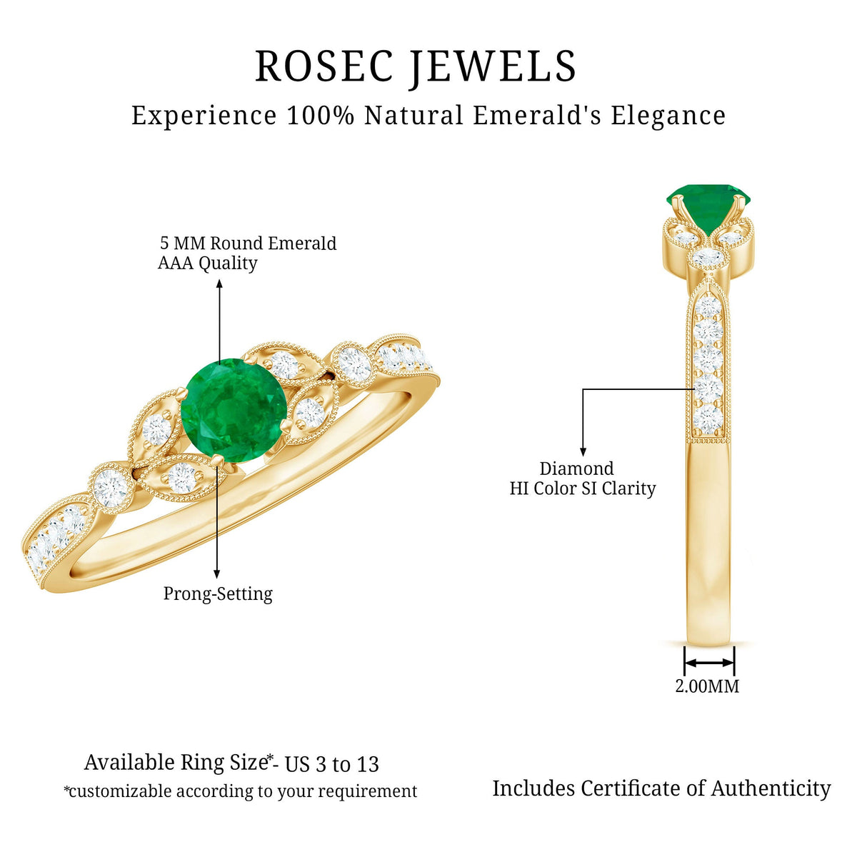 Vintage-inspired engagement ring featuring a natural emerald and diamond accents by Rosec Jewels, with intricate metal detailing.