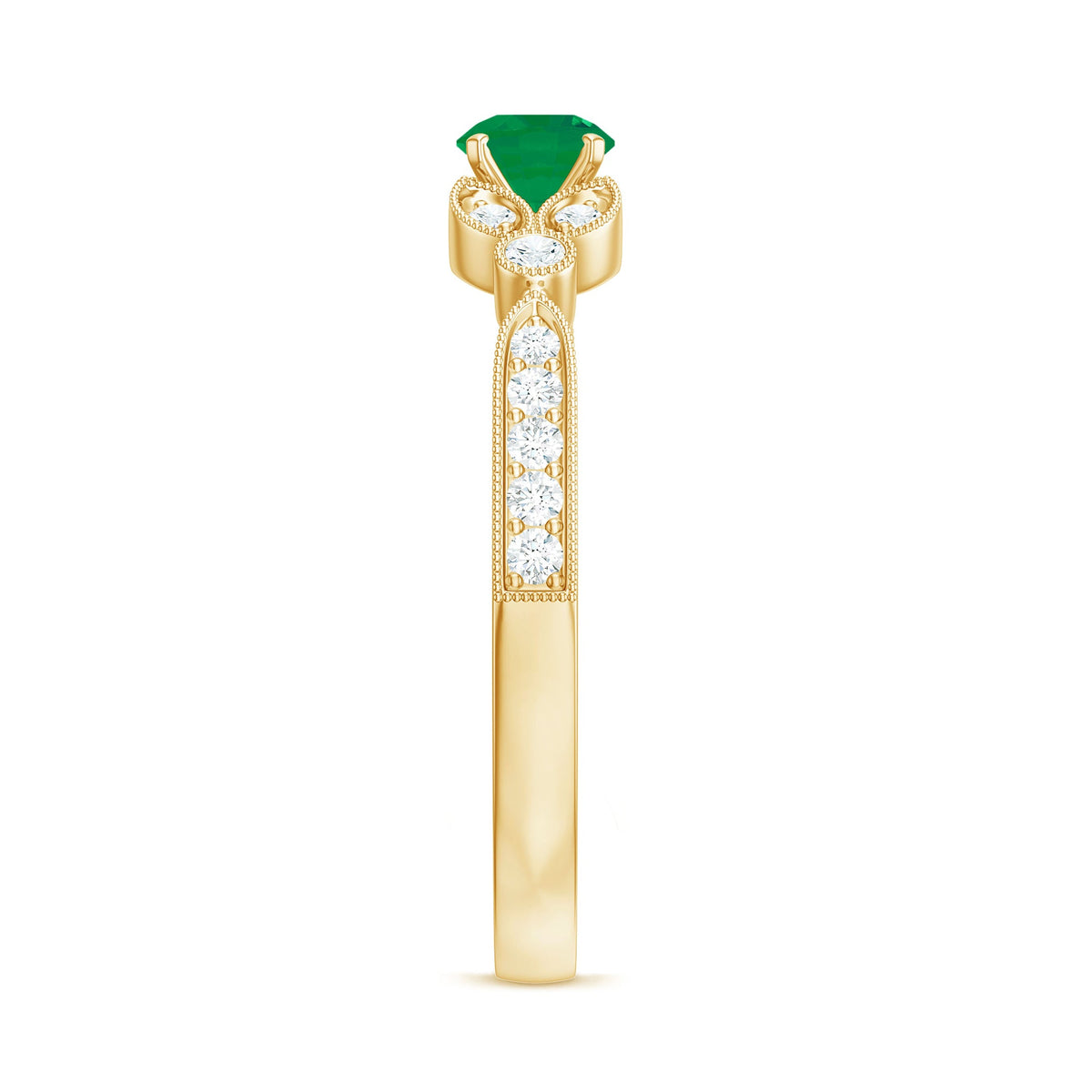 Vintage-inspired engagement ring with a natural emerald center stone and diamond accents, set in a Rosec Jewels ring.