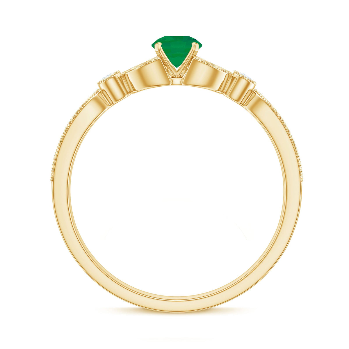 Vintage-inspired engagement ring by Rosec Jewels featuring a natural emerald center stone and diamond accents.