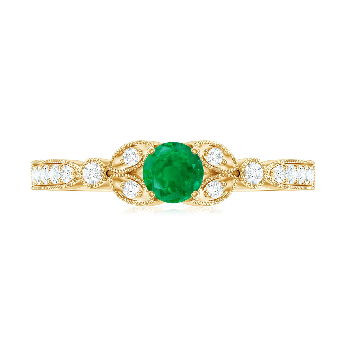 Natural emerald vintage-inspired engagement ring with diamond accents from Rosec Jewels, showcasing intricate design and vibrant green gemstone.