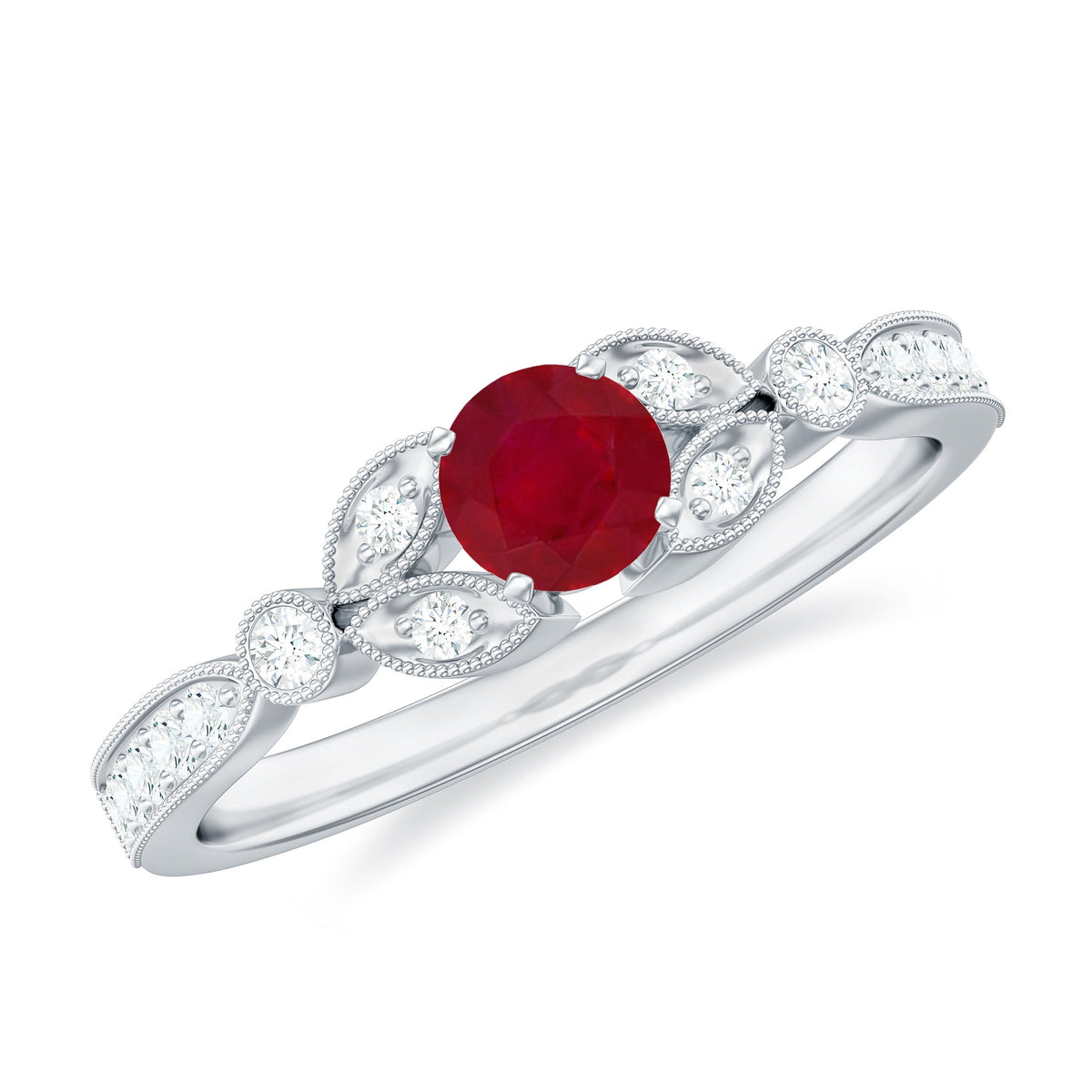 Vintage style 0.6 carat ruby diamond engagement ring for women with intricate metalwork, showcasing a central ruby and sparkling diamonds.