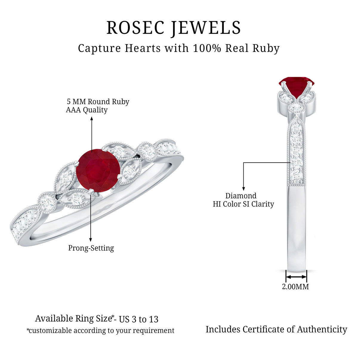 Vintage style 0.6 carat ruby diamond engagement ring for women by Rosec Jewels, featuring a detailed gold band and sparkling gemstones.