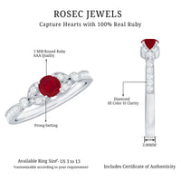 Vintage style 0.6 carat ruby diamond engagement ring for women by Rosec Jewels, featuring a detailed gold band and sparkling gemstones.