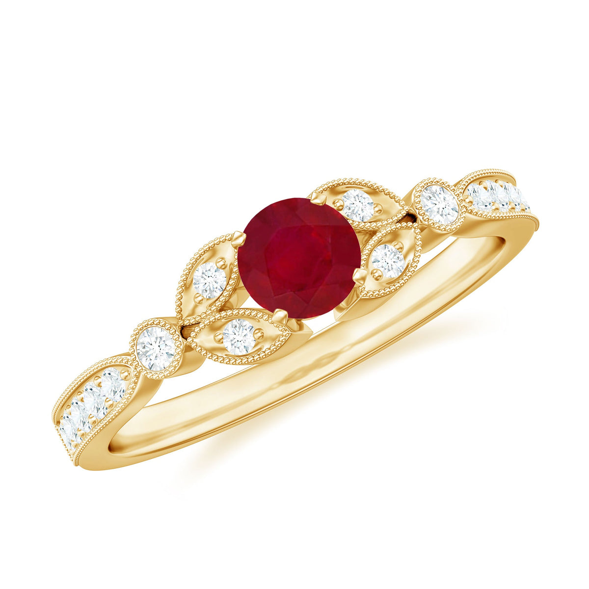 Vintage style 0.6 carat ruby and diamond engagement ring for women, featuring a rose gold band from Rosec Jewels.