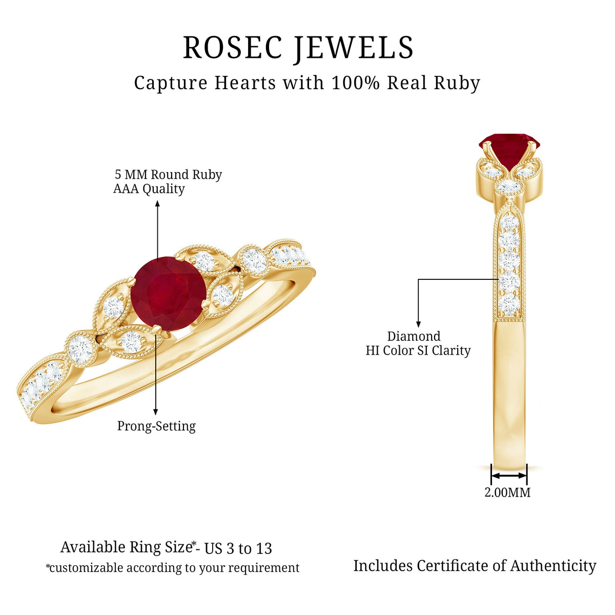 Vintage style 0.6 carat ruby diamond engagement ring for women by Rosec Jewels, featuring a central ruby with diamond accents.