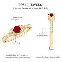 Vintage style 0.6 carat ruby diamond engagement ring for women by Rosec Jewels, featuring a central ruby with diamond accents.