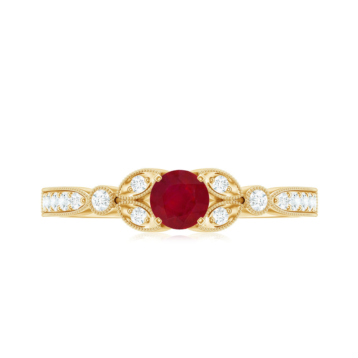 Vintage style 0.6 carat ruby and diamond engagement ring for women by Rosec Jewels, featuring a detailed band and elegant design.