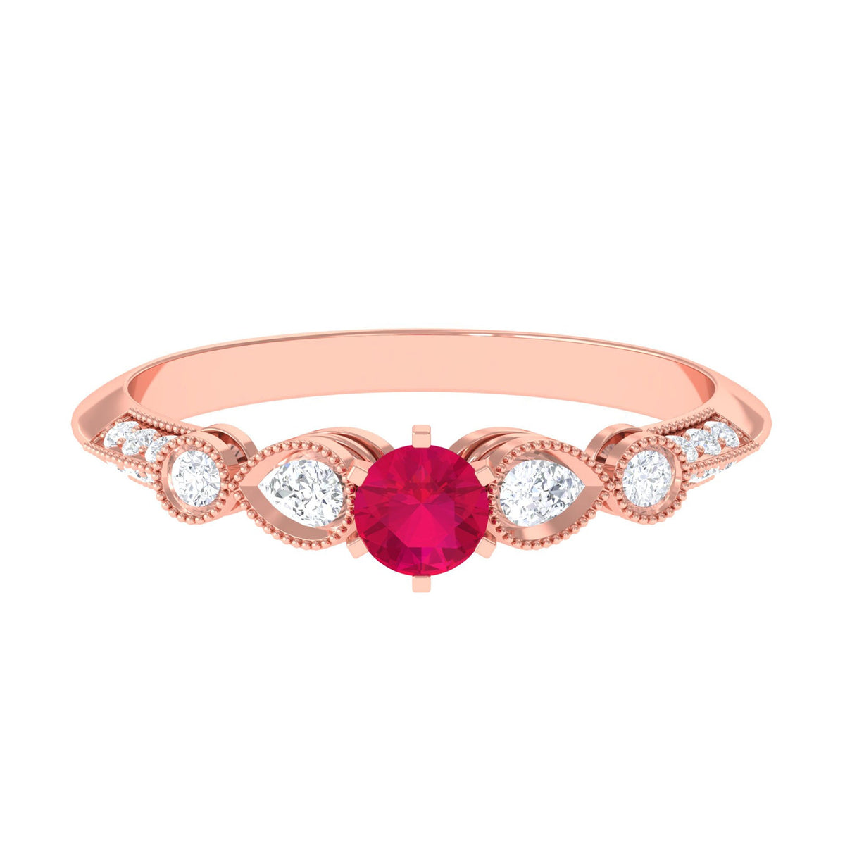 Vintage-inspired genuine ruby engagement ring with diamond accents by Rosec Jewels, featuring intricate metalwork and sparkling gemstones.