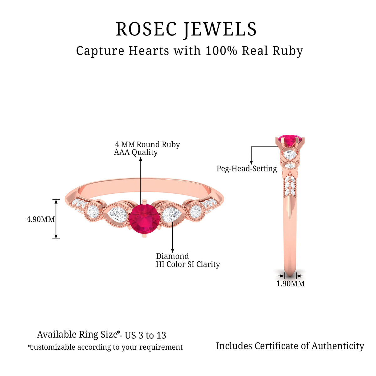 Vintage-inspired genuine ruby engagement ring with diamond accents from Rosec Jewels, showcasing intricate metalwork and vibrant gemstone.