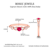 Vintage-inspired genuine ruby engagement ring with diamond accents from Rosec Jewels, showcasing intricate metalwork and vibrant gemstone.
