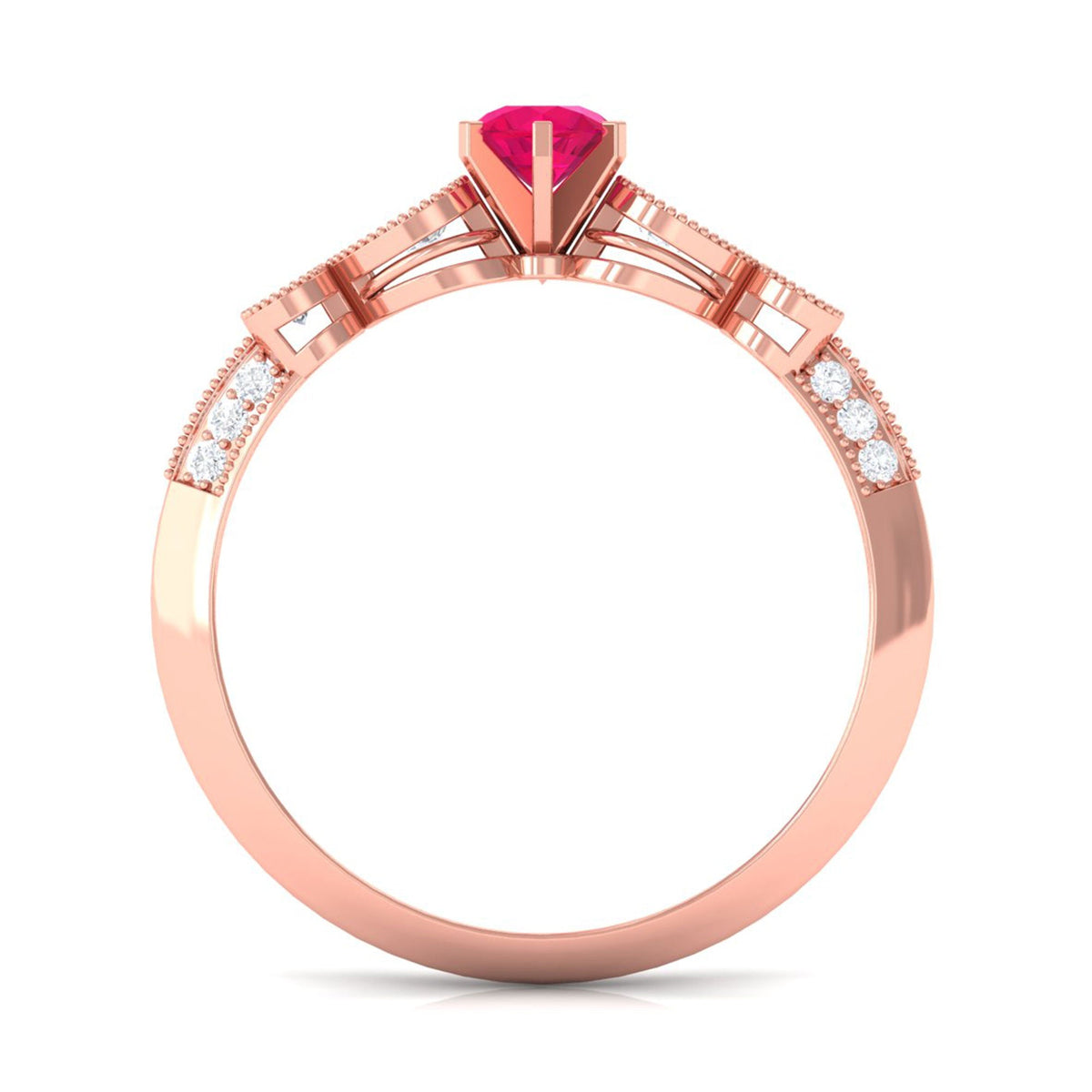 Vintage-inspired genuine ruby engagement ring with diamond accents from Rosec Jewels, featuring an elegant design and sparkling gemstones.