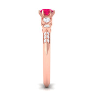 Vintage-inspired engagement ring with genuine ruby and diamond accents from Rosec Jewels, showcasing intricate design and precious gemstones.