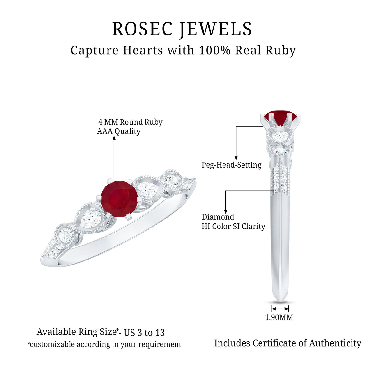 Vintage-inspired genuine ruby engagement ring with diamond accents from Rosec Jewels, showcasing a stunning ruby centerpiece and intricate design.