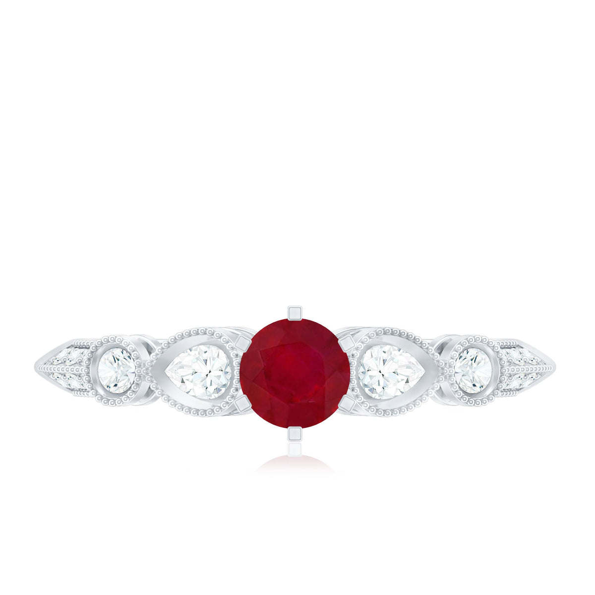 Vintage-inspired genuine ruby engagement ring with diamond accents by Rosec Jewels, featuring a detailed design and sparkling gemstones.