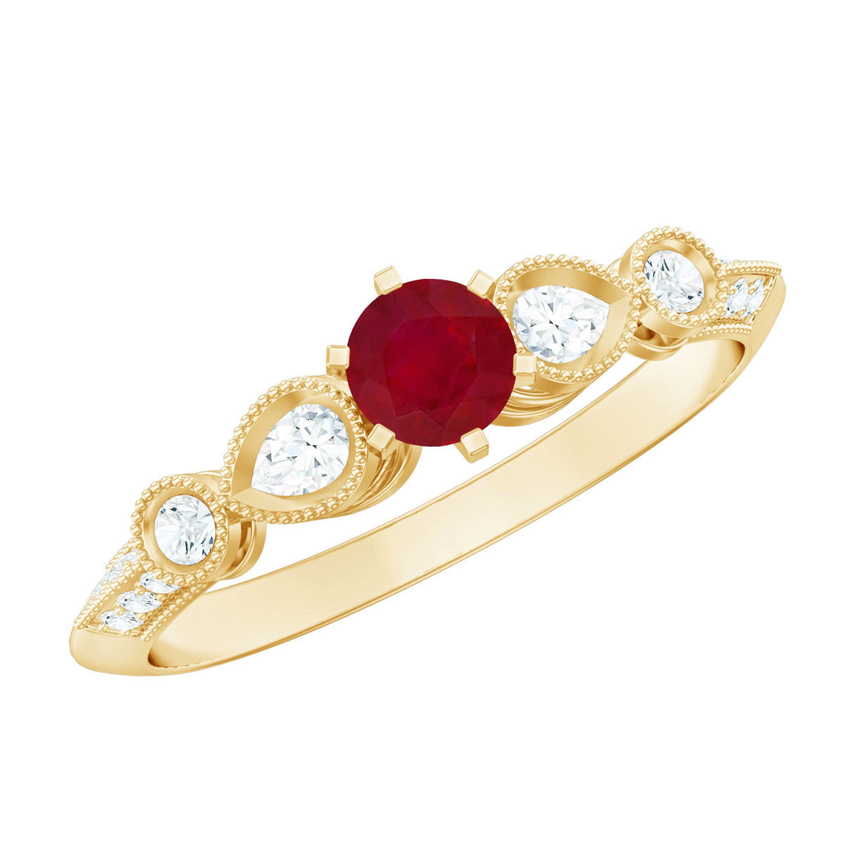 Vintage-inspired genuine ruby engagement ring with diamond accents from Rosec Jewels, featuring a stunning ruby centerpiece and intricate design.