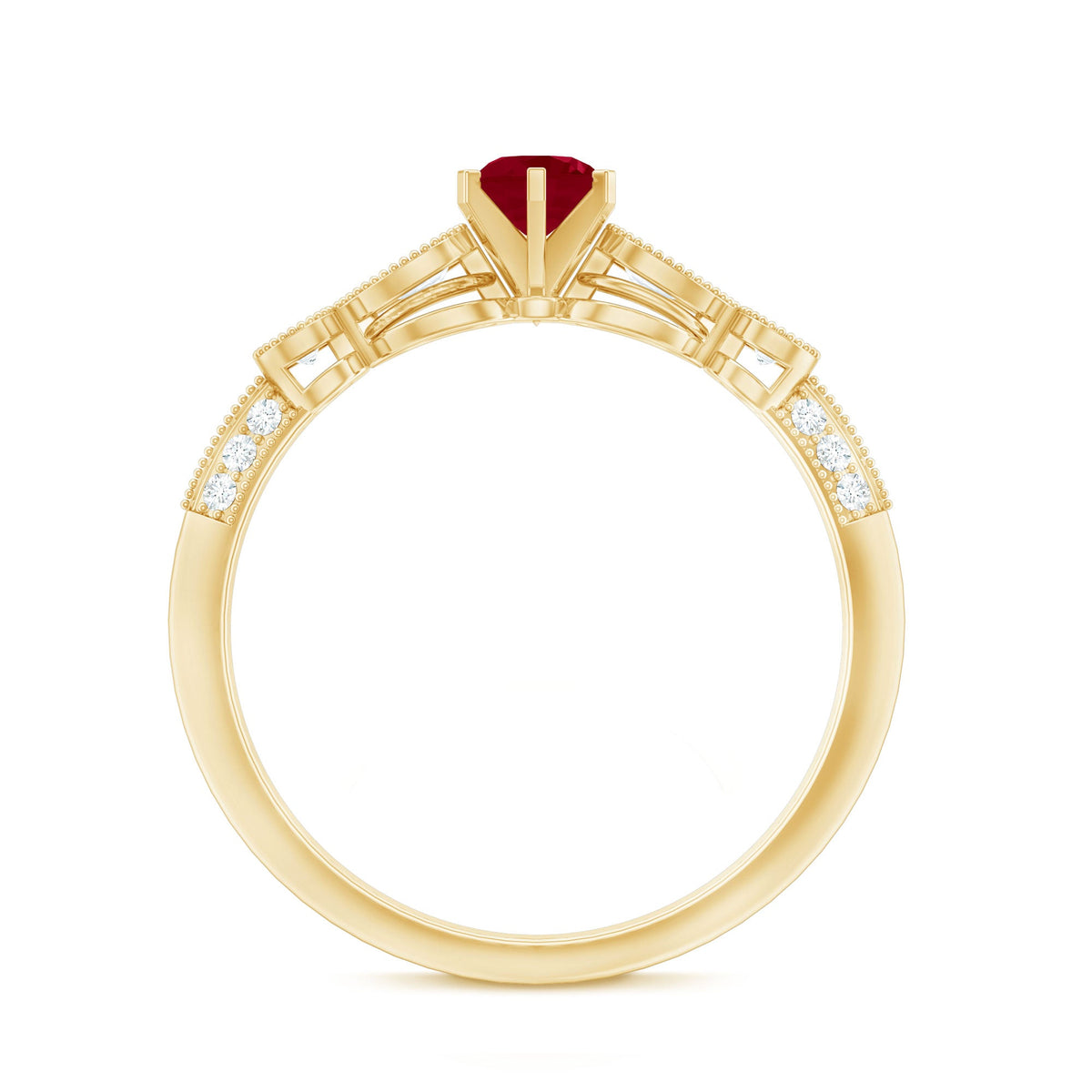Vintage-inspired genuine ruby engagement ring with diamond accents by Rosec Jewels, showcasing a stunning ruby centerpiece and intricate design.
