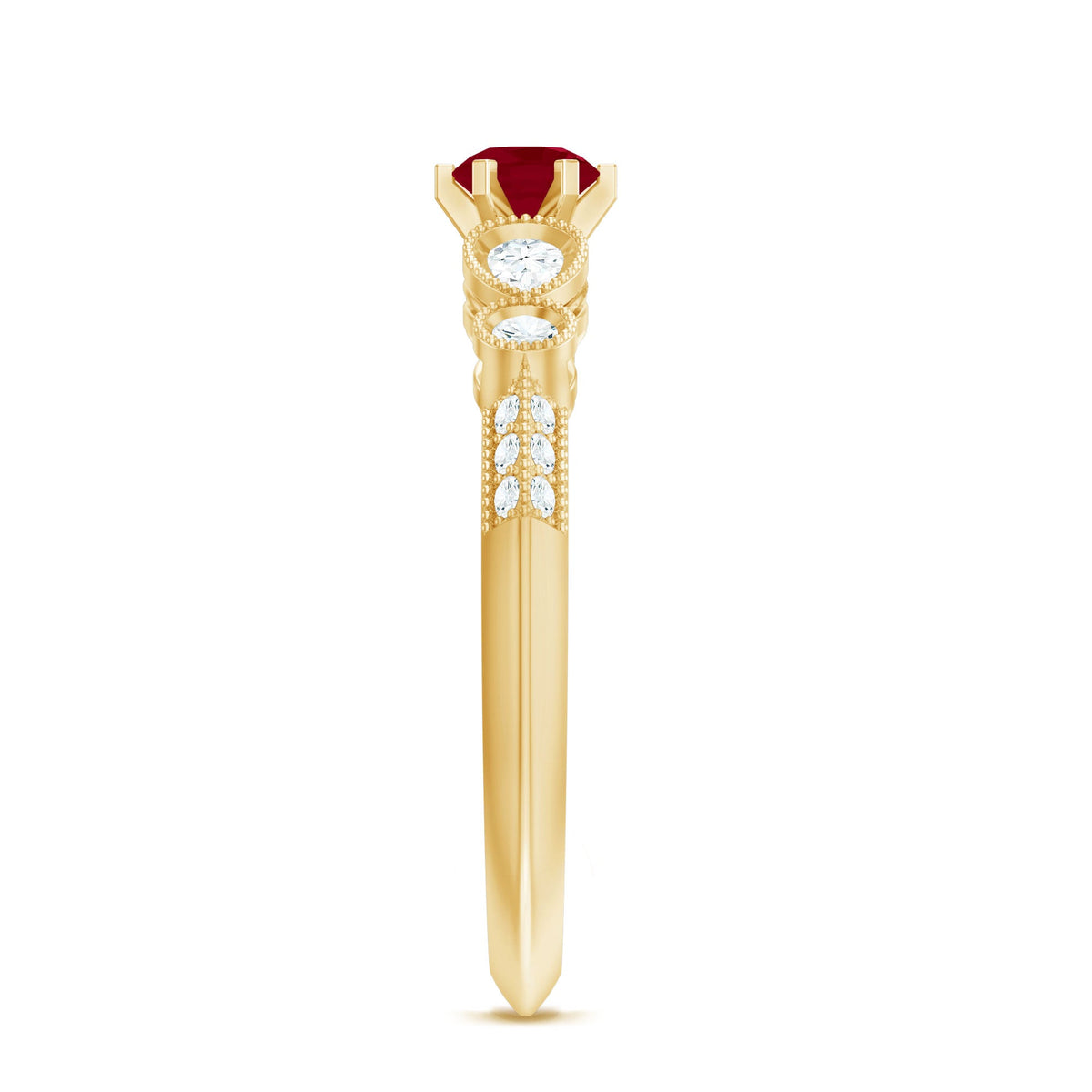 Vintage-inspired genuine ruby engagement ring with diamond accents from Rosec Jewels, featuring a central ruby gemstone and detailed band.