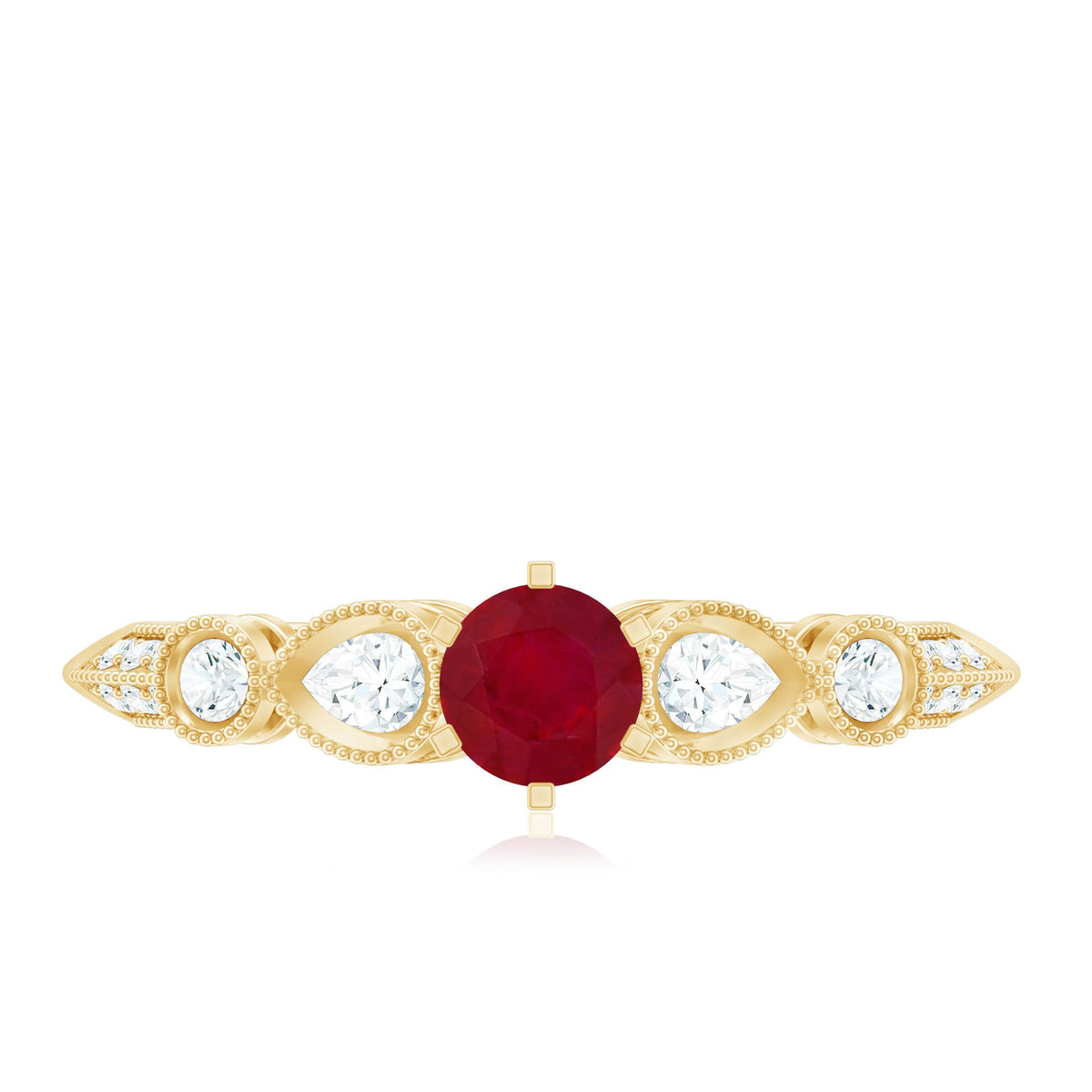 Vintage-inspired engagement ring featuring a genuine ruby and diamond accents by Rosec Jewels, showcasing intricate design and sparkling gemstones.