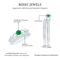 Vintage Inspired Emerald Wedding Bridal Ring Set with Diamond