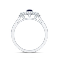 Vintage Inspired Blue Sapphire 3 Stone Engagement Ring with Diamond
