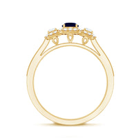Vintage Inspired Blue Sapphire 3 Stone Engagement Ring with Diamond