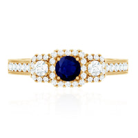 Vintage Inspired Blue Sapphire 3 Stone Engagement Ring with Diamond