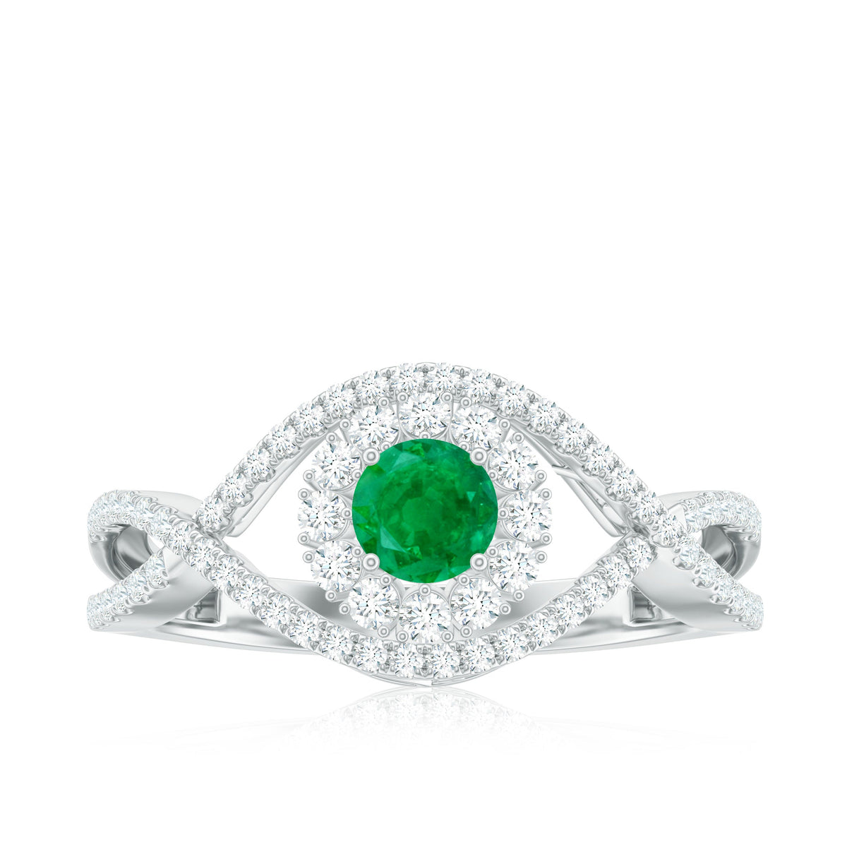Natural Emerald Engagement Ring with Diamond Crossover Shank