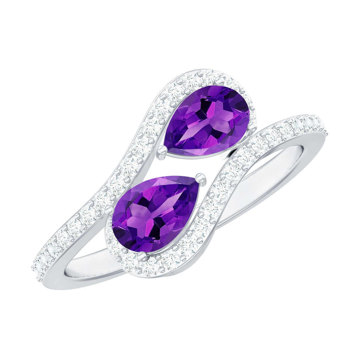 Vintage inspired amethyst and diamond bypass engagement ring by Rosec Jewels, showcasing two amethyst stones and intricate band details.