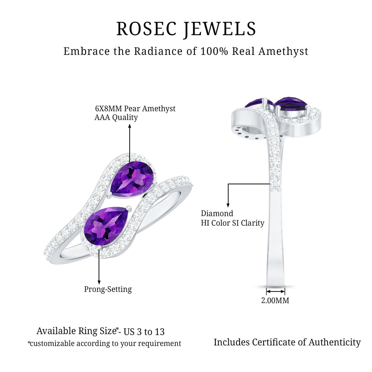 Vintage inspired amethyst and diamond bypass engagement ring by Rosec Jewels with two amethyst stones and elegant design.