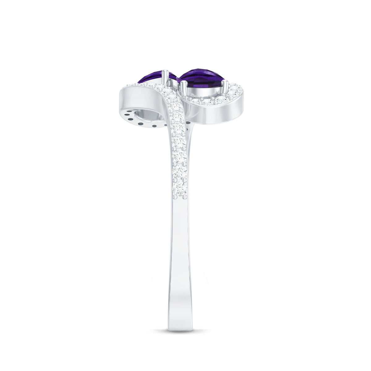 Vintage-inspired amethyst and diamond bypass engagement ring from Rosec Jewels, featuring two amethyst stones and elegant design.