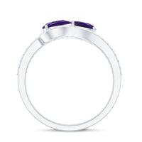 Vintage inspired amethyst and diamond bypass engagement ring by Rosec Jewels featuring two amethyst stones and elegant design.